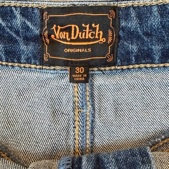 Von Dutch Y2K Low Rise Denim Micro Mini Skirt Eyeball Patch Size 30 NWT - Picture 15 of 16
